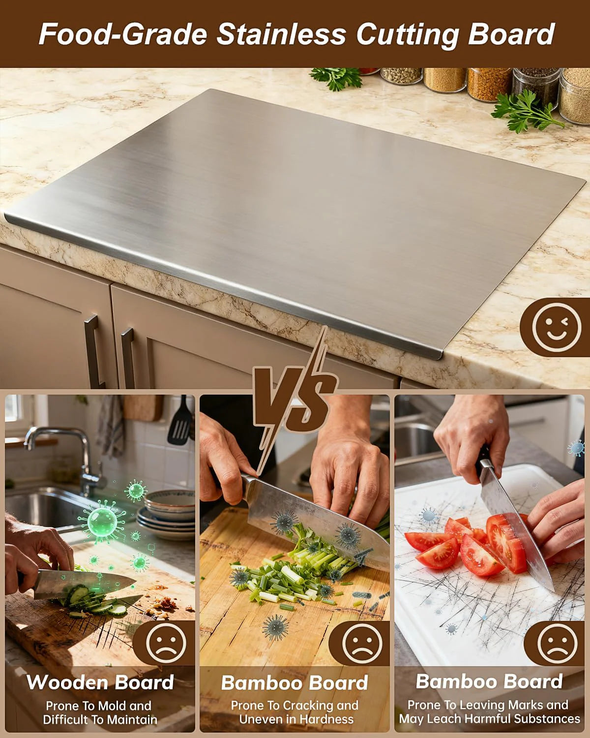 Hllpro™ Stainless Steel Cutting Boards for Kitchen, (40 x 30cm/15.7 x 11.8 in)